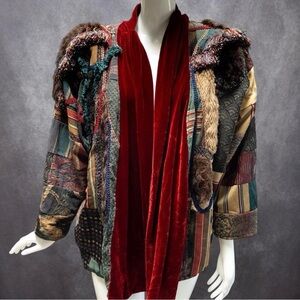Vintage Morning Star Maximalist Patchwork Jacket, Velvet Faux Fur Trim, Size S